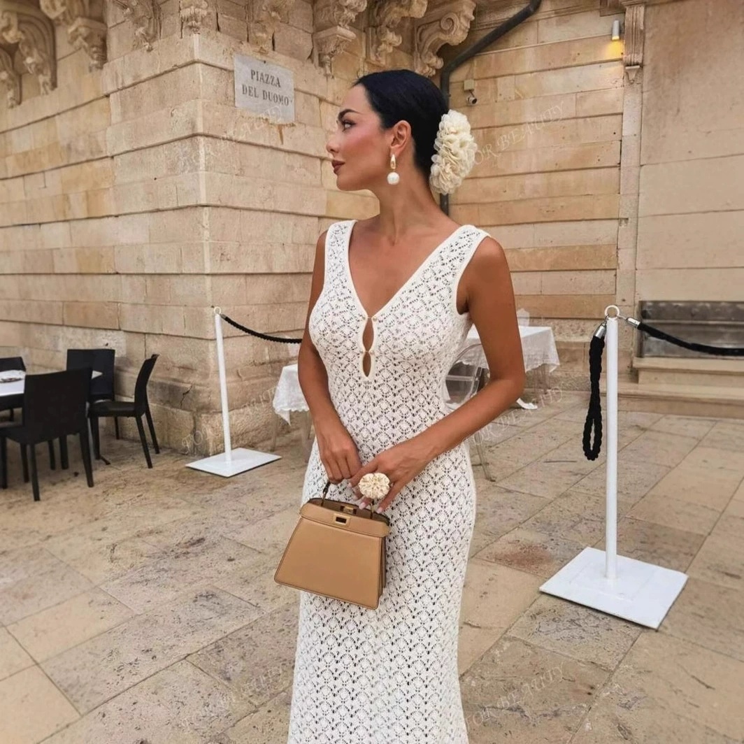 Women Hollow Knitted Beach Dress Summer Sleeveless Slim Cover-up Dress